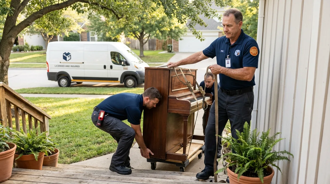 Licensed piano movers securing grand piano in Sapulpa, OK