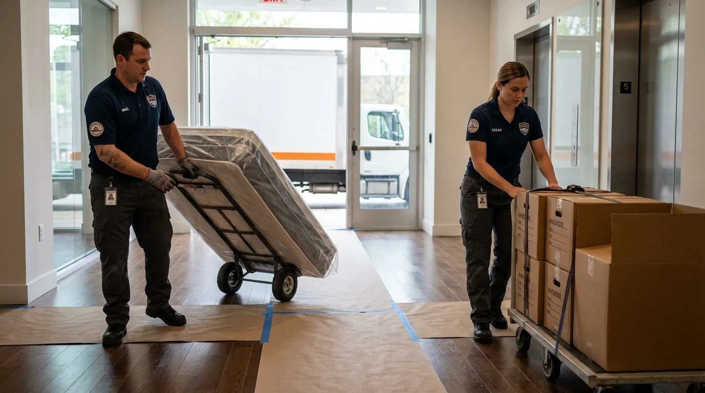 Professional apartment movers loading elevator in Sapulpa, OK