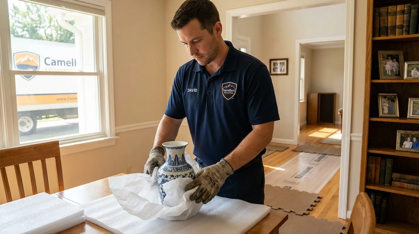 Professional crew carefully wrapping antique vase for senior downsizing move in Sapulpa, OK